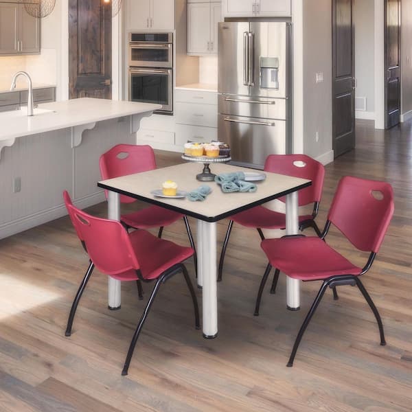 Kee 42 in. Maple Top Square Breakroom Table Desk, Chrome Legs, 4 M Stack Chairs-Burgundy