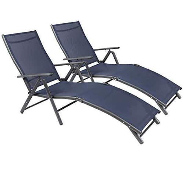 Tozey Adjustable Folding Metal Outdoor Recliner Chair Chaise Lounge Chairs Patio Furniture with Cusions Dark Blue (Set of 2)