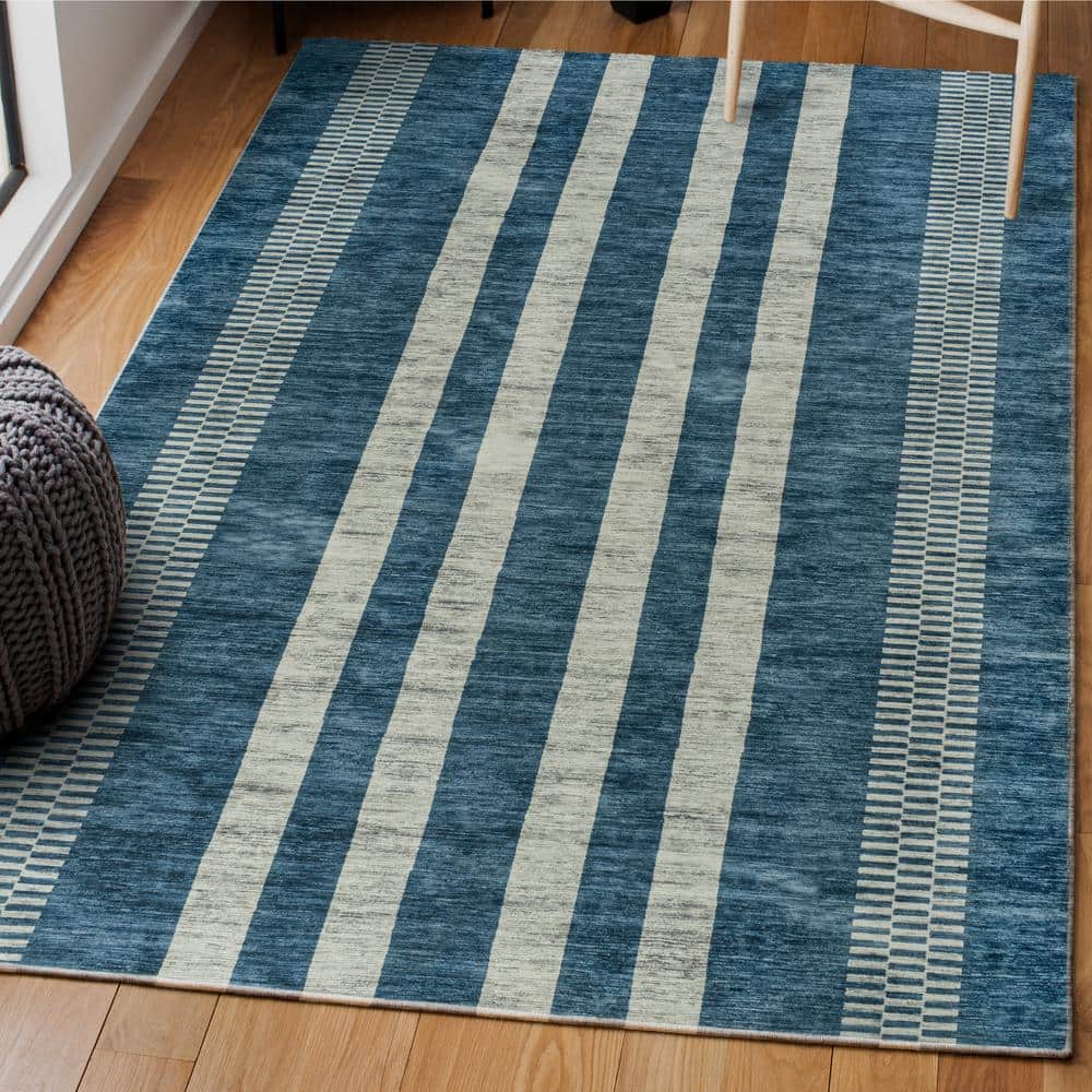Blue and Cream Striped Machine-Washable Synthetic Area Rug