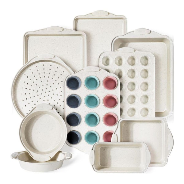 22-Piece Nonstick Baking Pan Set, Stackable Bakeware with Silicone Handles, Oven Safe Cookie Sheets, Cream