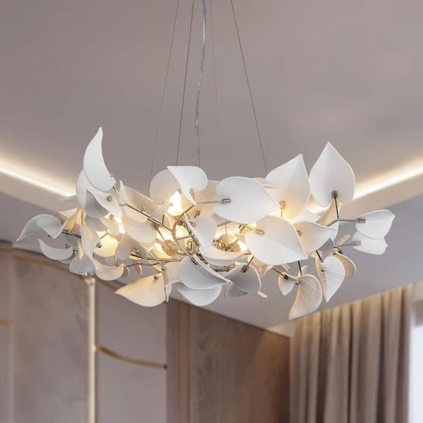 31.5" 6-Light Luxury Silver Round Chandelier, Modern Ceramic Leaf Branch Chandelier for Living Room, Dinning Room, Foyer