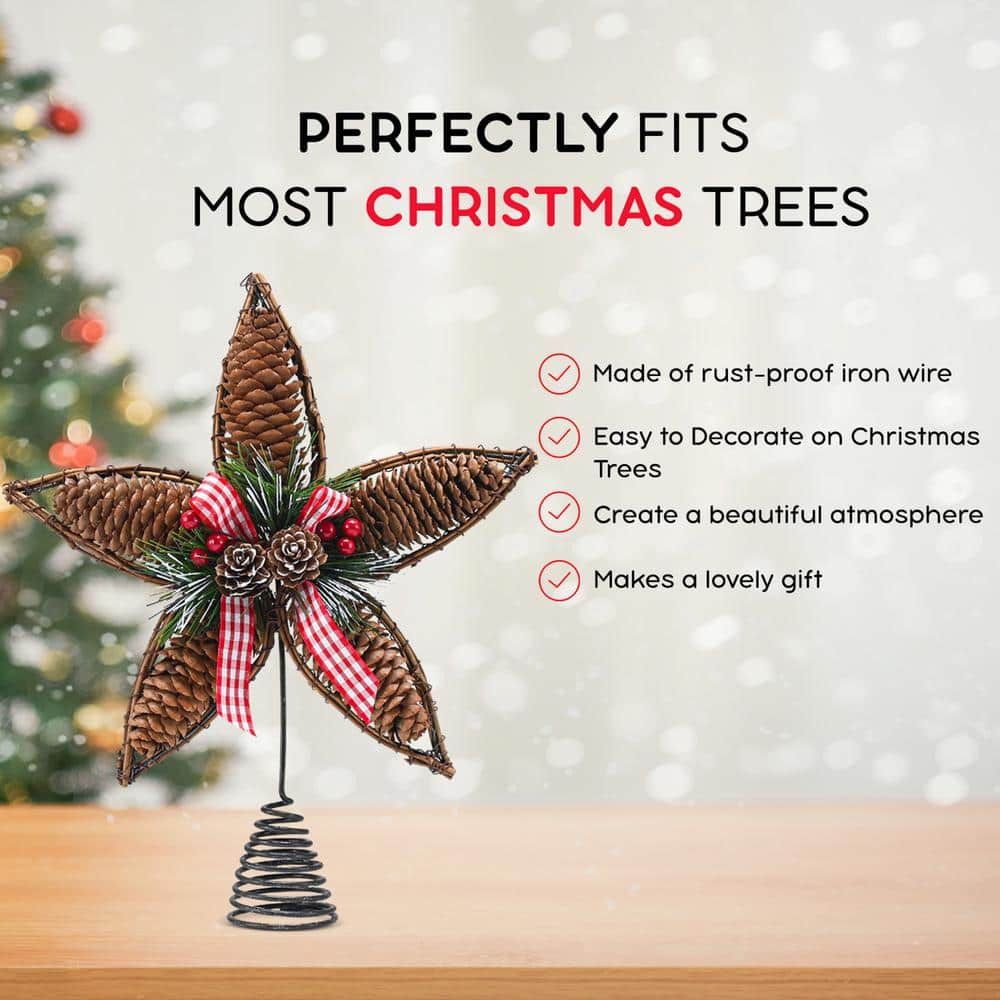 Rustic Rattan Pinecone Star Tree Topper with Holly and Berries