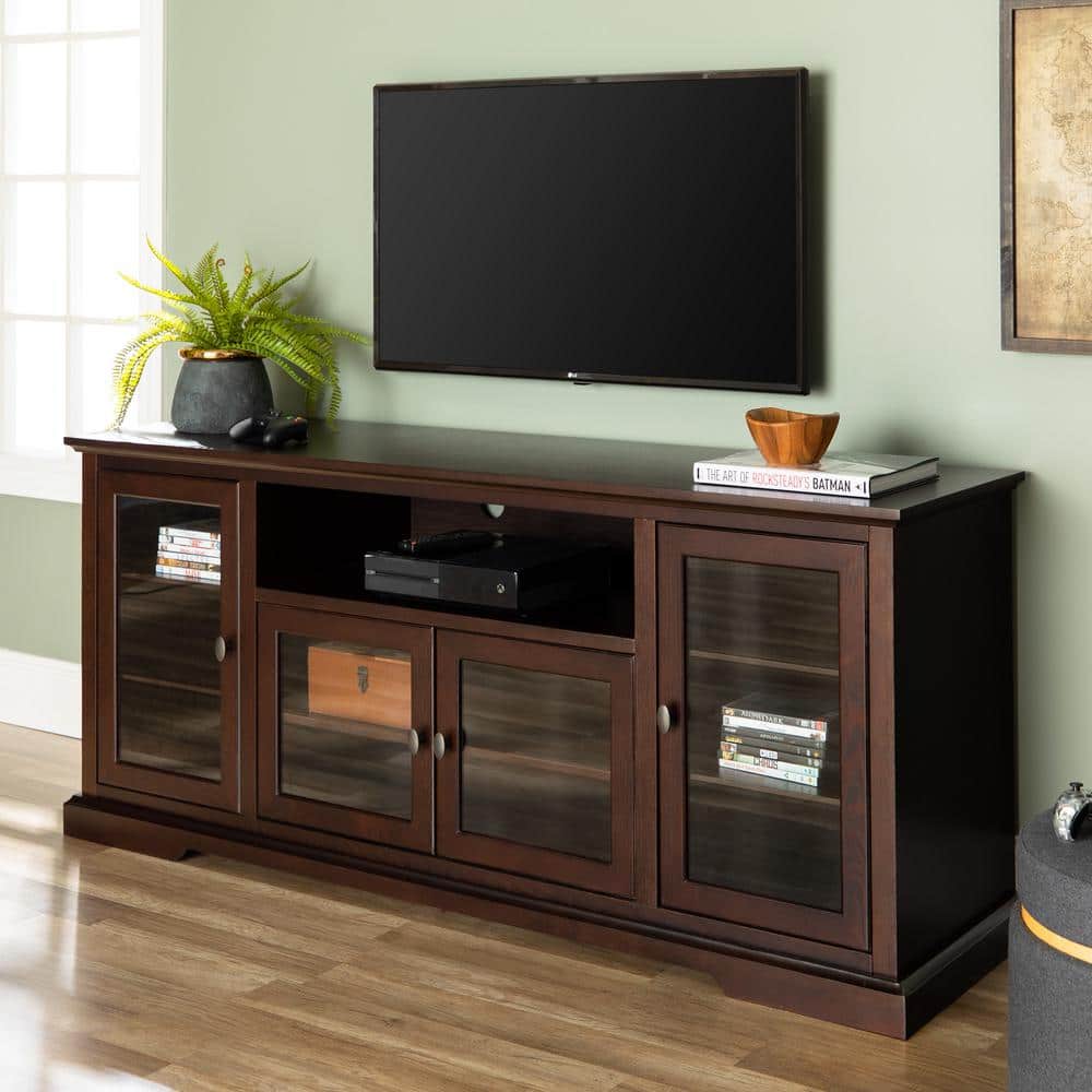 Espresso 70" TV Stand with Glass Cabinets and Shelves