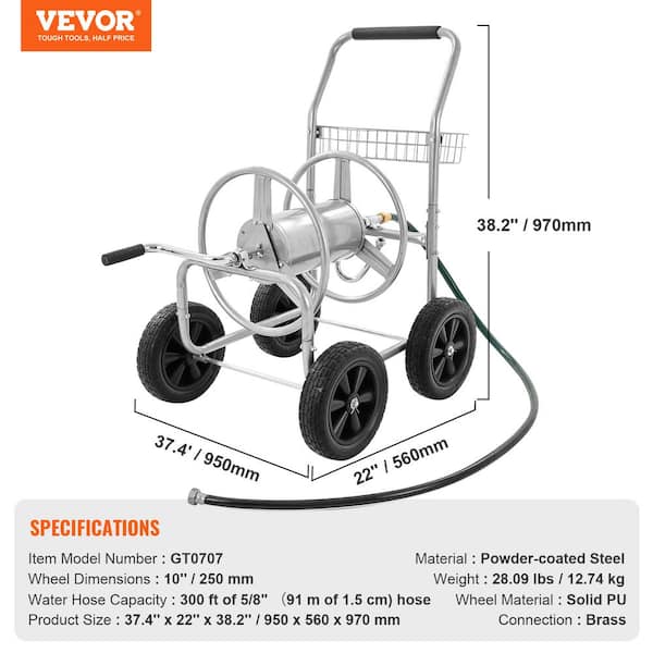 4-Wheel Industrial Hose Reel Cart with No-Flat Wheels, 400Ft Hose Capacity,  Full