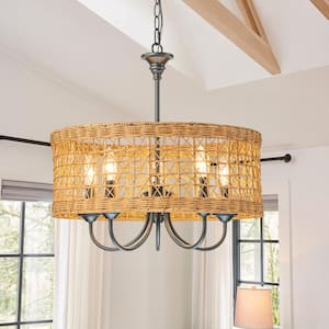 Mclendon 5-Light Farmhouse Boho Rustic Black Round Rattan Pendant Rattan Drum Chandelier with Woven Rattan Bamboo Shade