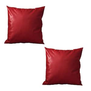 Bohemian Handmade Vegan Faux Leather Red 17 in. x 17 in. Square Solid Throw Pillow (Set of 2)