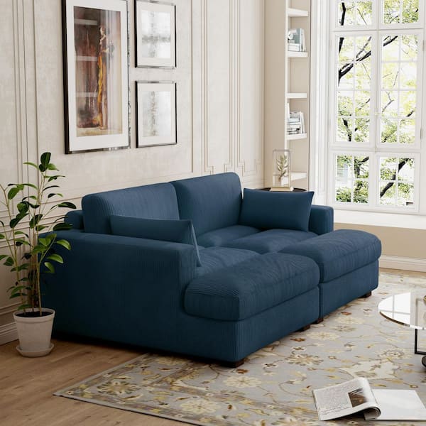 83.8 in. Modern Square Arm Corduroy Fabric Upholstered Sectional Sofa in. Navy Blue With Two Pillows And Wood Leg