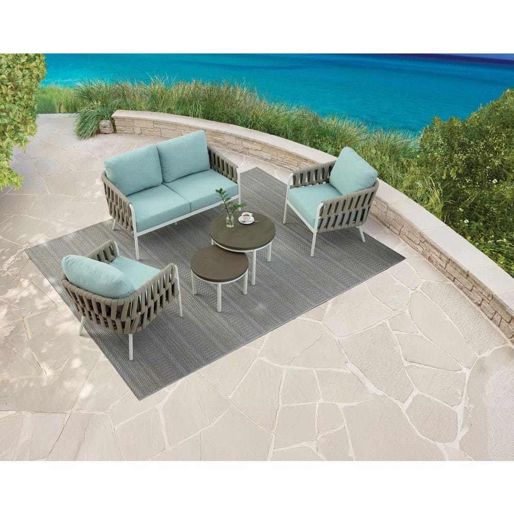 Baywood 5-Piece White Metal with Woven Rope Outdoor Conversation Set with CushionGuard Cushions in Mist
