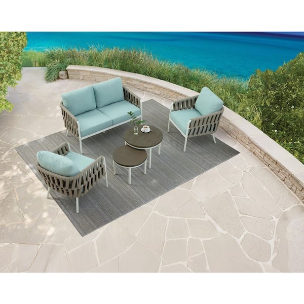 Baywood 5-Piece White Metal with Woven Rope Outdoor Conversation Set with CushionGuard Cushions in Mist