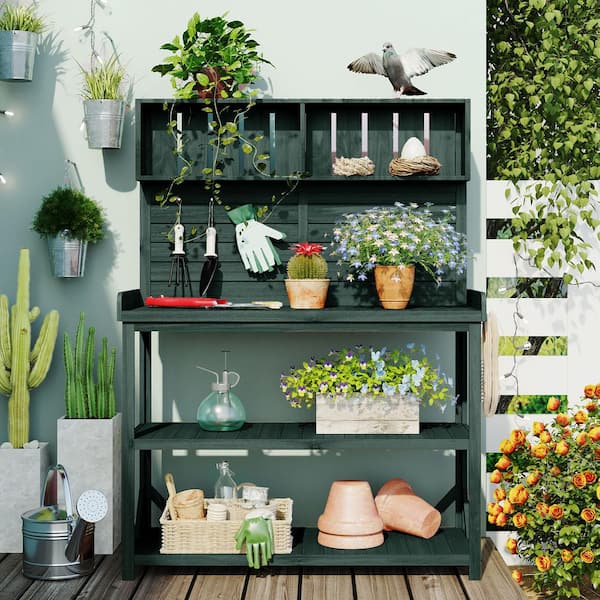Unbranded 65 in. Wooden Outdoor Patio Potting Bench Table, Garden Potting Bench with 4 Storage Shelves and Side Hooks Forest Green