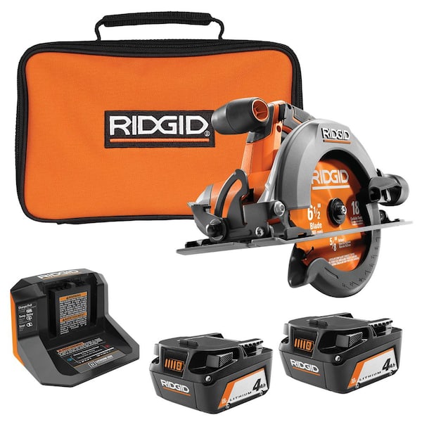 RIDGID 18V Cordless 6-1/2 in. Circular Saw with (2) 4.0 Ah Batteries, 18V Charger, and Bag