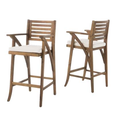 Hermosa Wood Outdoor Bar Stool with Cream Cushion (2-Pack)