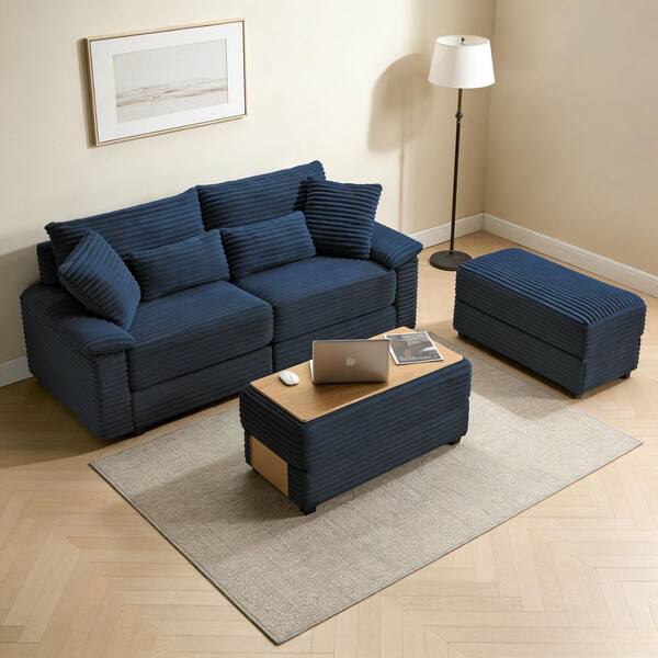 Fergal 74 in. Dark Blue Fabric Pillow Top Arm Double Chaise Lounge with Reversible Ottoman, Storage Ottomans, USB Port