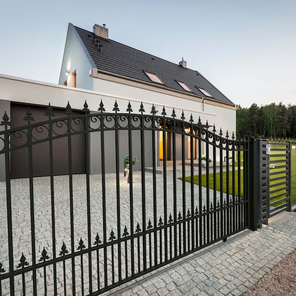Prague Style 16 ft. x 6 ft. Black Steel Single Slide Driveway Fence Gate