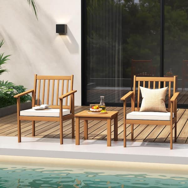 ANGELES HOME 3-Piece Acacia Wood Patio Conversation Set with Off White Cushions for Porch