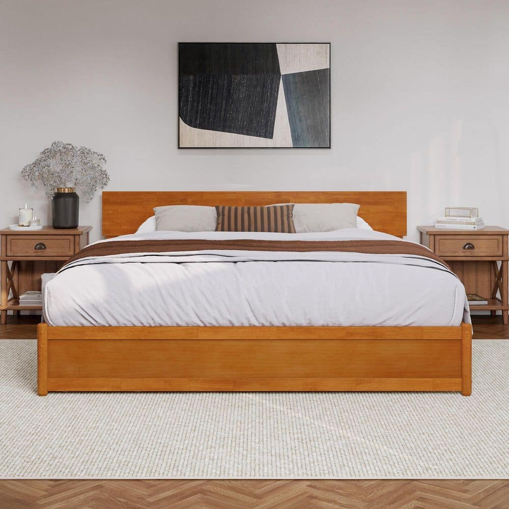 Wesley King Light Toffee Wood Platform Bed with Storage Drawers