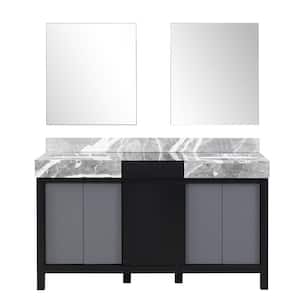Zilara 60 in W x 22 in D Black and Grey Double Bath Vanity, Castle Grey Marble Top and 28 in Mirrors