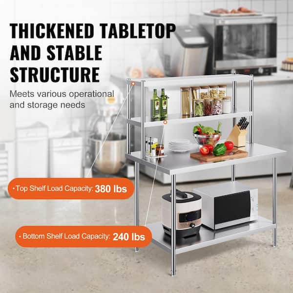 SVOPES Double Tier Stainless Steel Over Shelf 12 in. L x 48 in. W, Height Kitchen Prep Table with Adjustable Table, Sliver CFBXGGZTSCSJV69KNV0-1119