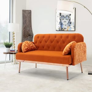 55 in. Square Arm Velvet Straight Loveseat Sofa Tufted Backrest Sofa Couch Moon Shape Pillows and Metal Feet in Orange