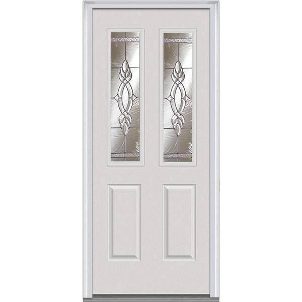 Milliken Millwork 36 in. x 80 in. Brentwood Decorative Glass 2 Lite 2-Panel Primed White Builder's Choice Steel Prehung Front Door