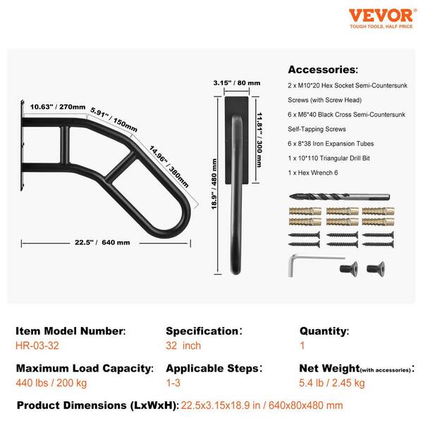 VEVOR Handrails for Outdoor Steps 18.9 in. x 3.15 in. Black steel Stair Railing Kit Wall Mount Railings 1-3 Steps U-Shaped