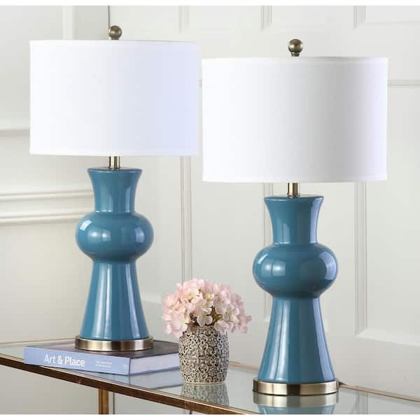 Lola 30 in. Blue Column Hourglass Table Lamp with Off-White Shade (Set of 2)