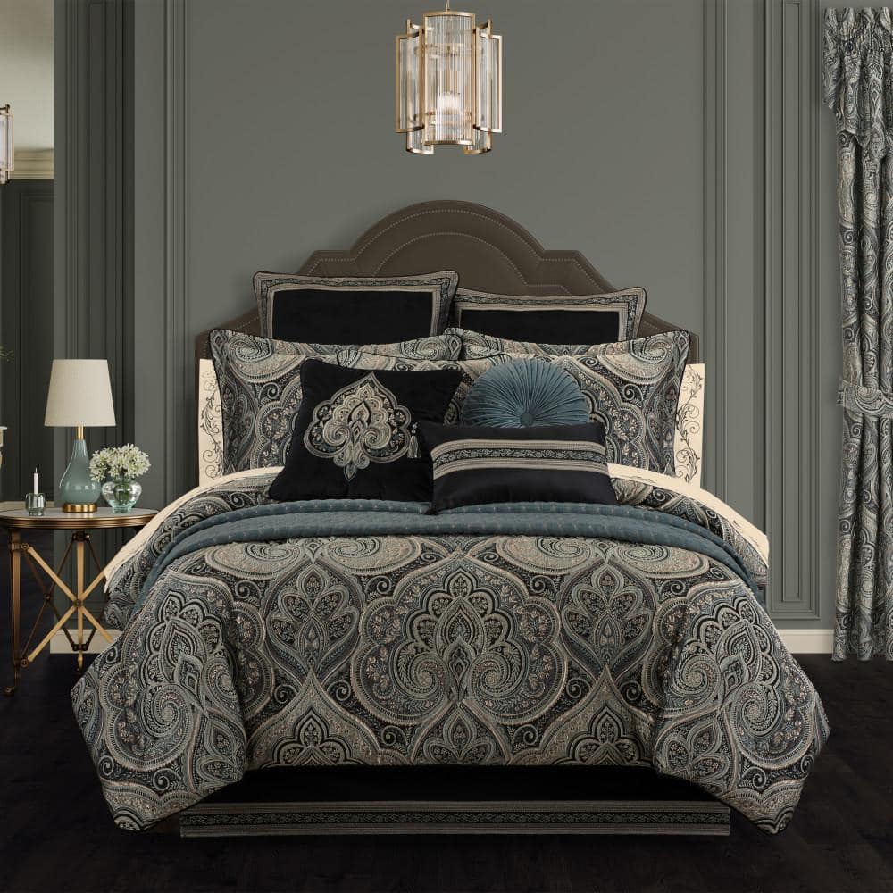 Queen Black and Teal Reversible Comforter Set