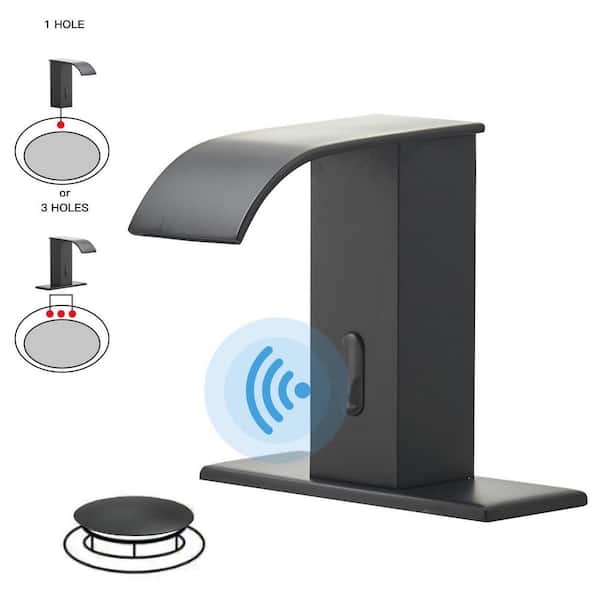 BWE Waterfall Automatic Sensor Touchless Bathroom Sink Faucet With Pop Up Drain With Overflow & Deck Plate In Matte Black