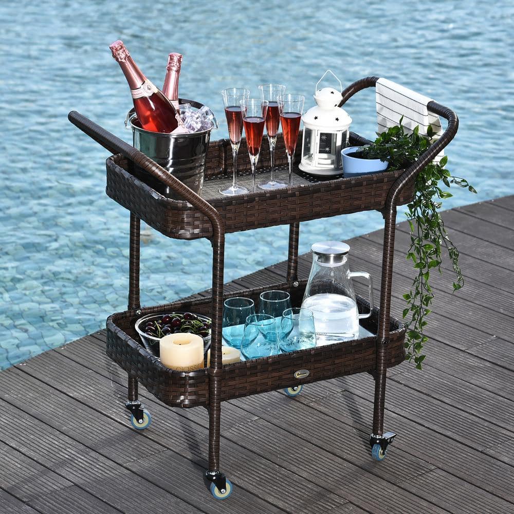 Outsunny 30.75'' Brown Rattan & Wicker Outdoor Serving Cart with Storage