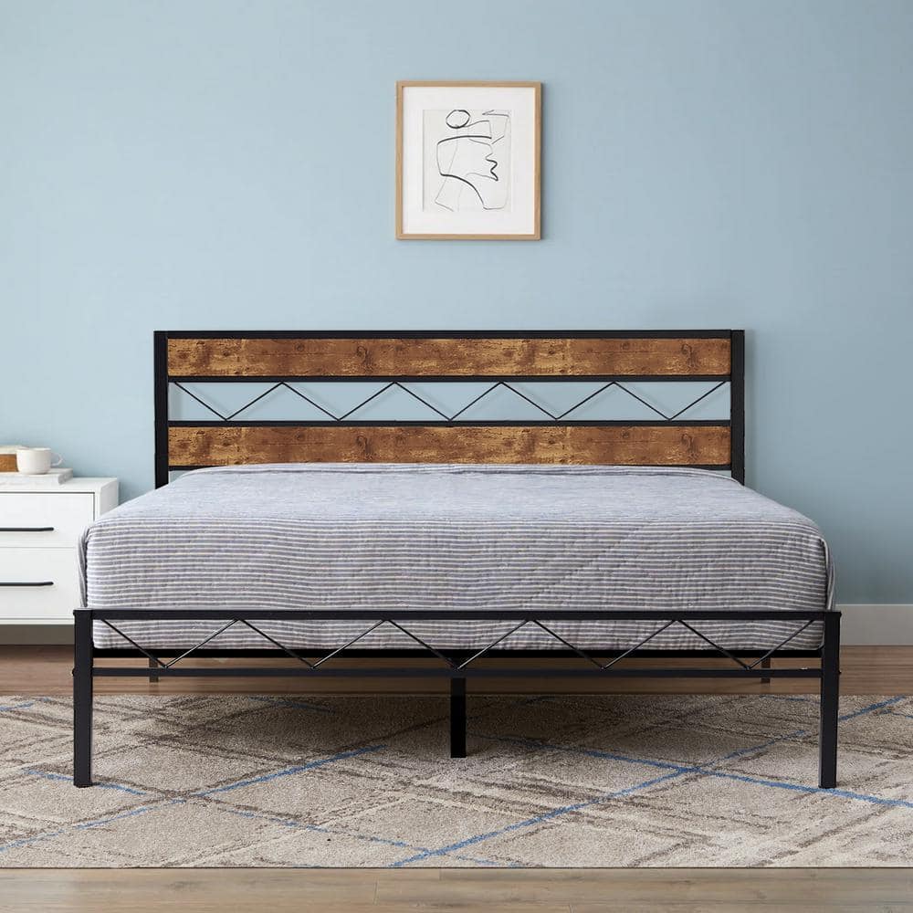 VECELO Platform Bed Frame, Black Metal Frame, Queen Size Platform Bed ...