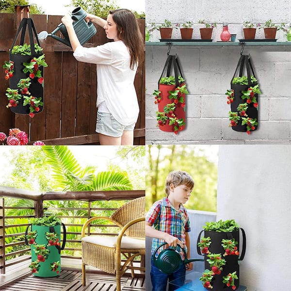 Dyiom Strawberry Vegetable Rose Planting Bag 3 Gallons 12 Planting Holes Strong Hanging Handle Thickened Breathable Felt, Red/Green/Black