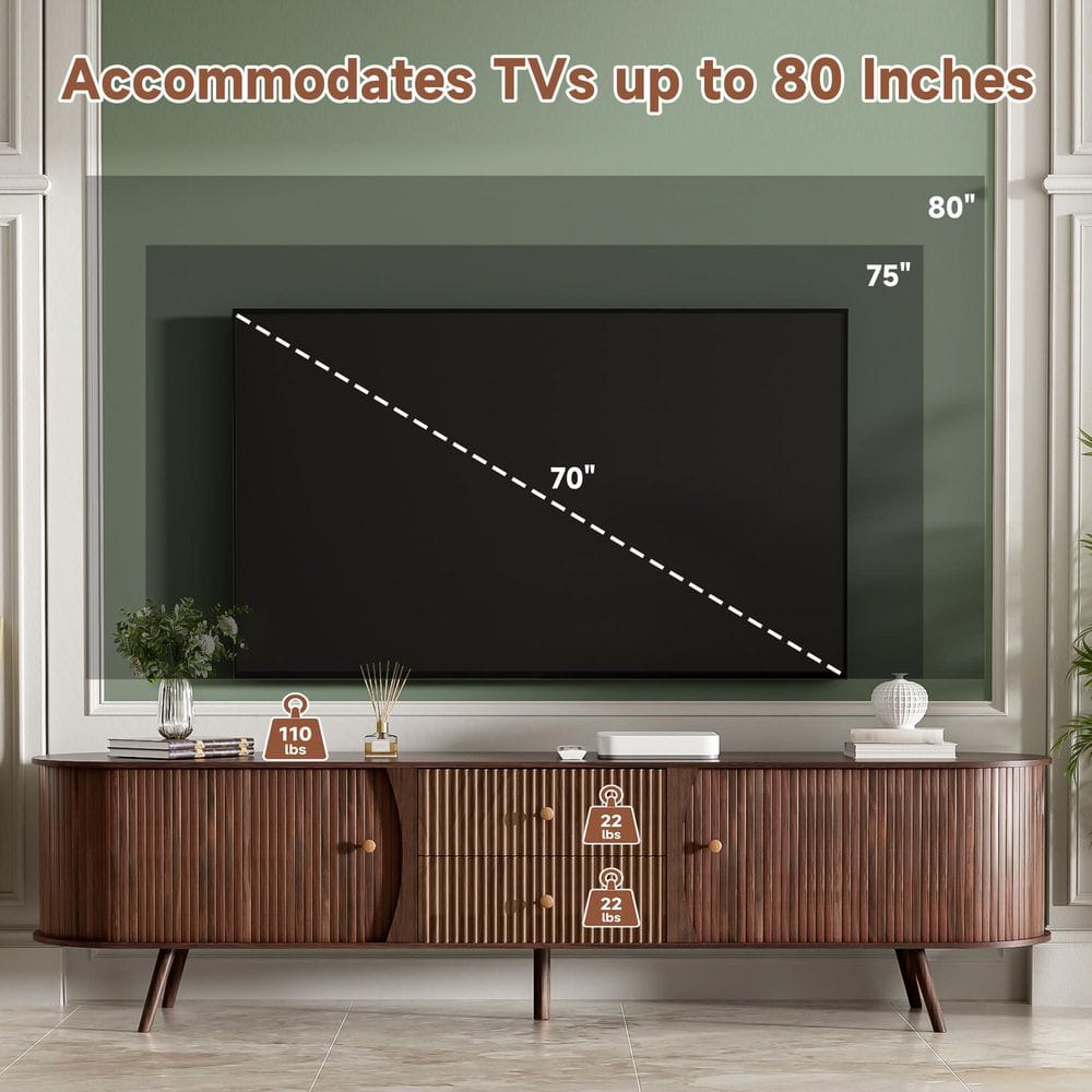 Dark Brown TV Stand Entertainment Center Fits TV's up to 80 in. with Tambour Doors and Fluted Drawers