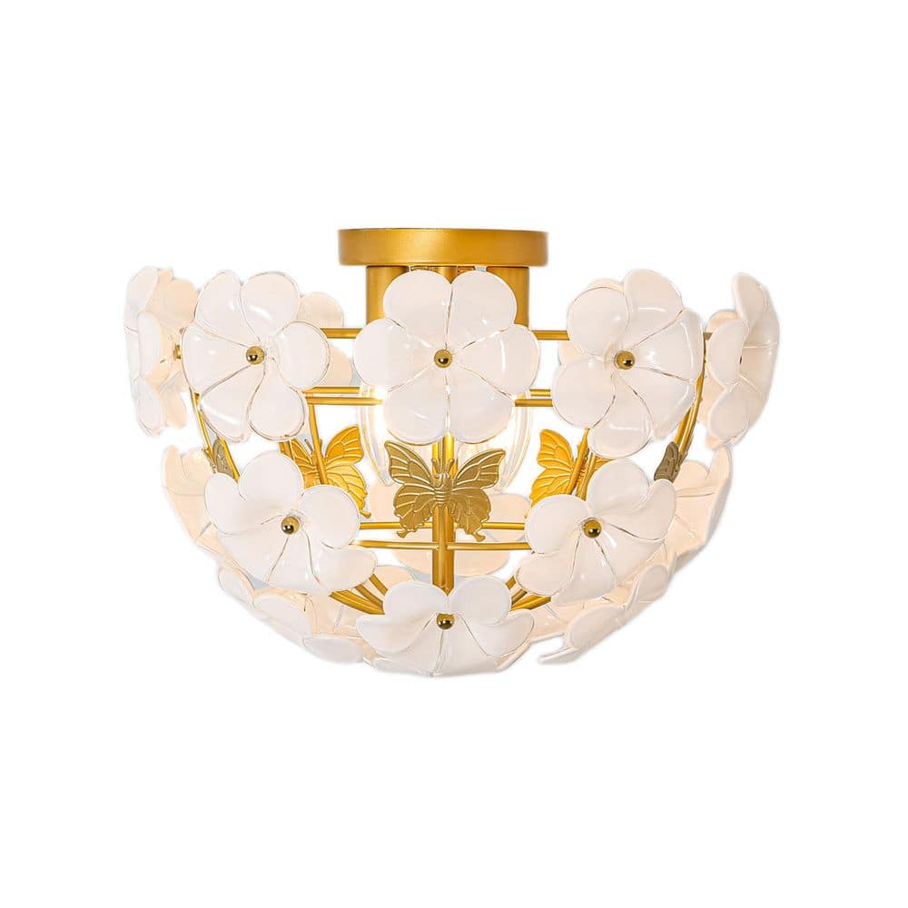 Highbury 18.90 in. 3-Light Globe Brushed Gold Floral Semi-Flush Mount Light with Handmade White Glass Flower for Foyer price history on PriceWatchPro