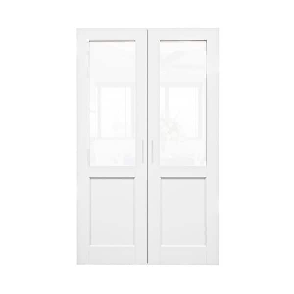 ARK DESIGN 48 in. x 80 in. 1/2 Lite CLear Glass White Solid Core French Door Without Jamb Double Interior Door Slab with Ball Catch
