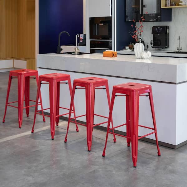30 in. Backless Non-Upholstered Metal Bar Stool Stackable Heavy-Duty Counter-Height Chair, (Red Set of 4)