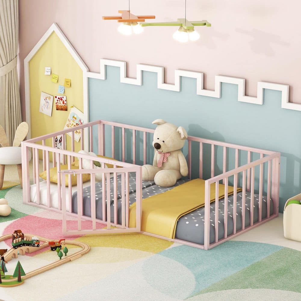 Pink Metal Frame Twin Size Platform Bed with Fence, Door