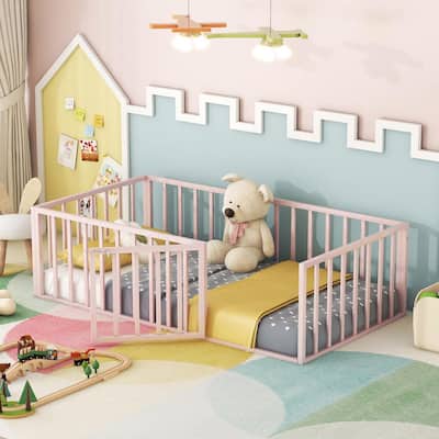 Pink Metal Frame Twin Size Platform Bed with Fence, Door