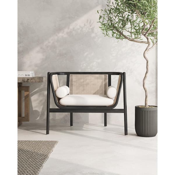 Manhattan Comfort Versailles Black, Natural Cane and Cream Fabric Arm Chair (Set of 1)