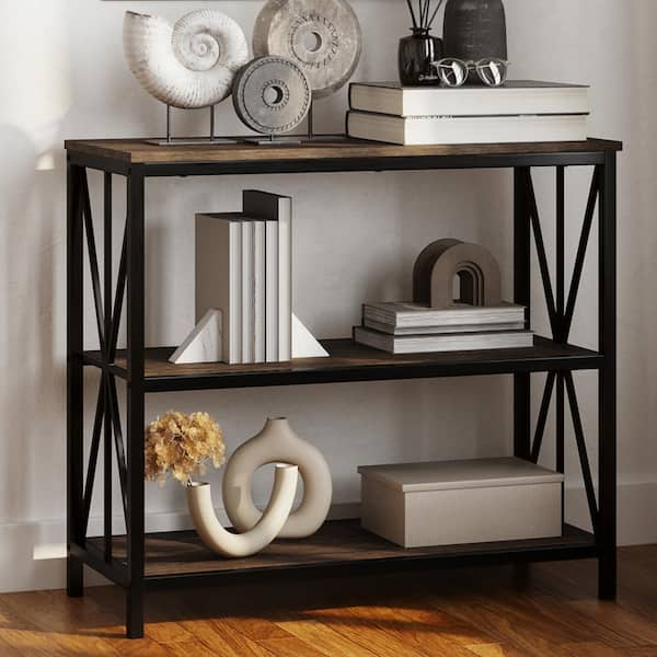 31.25 in. Tall Brown Engineered Wood 3-Shelf Industrial Style Wooden Bookcases