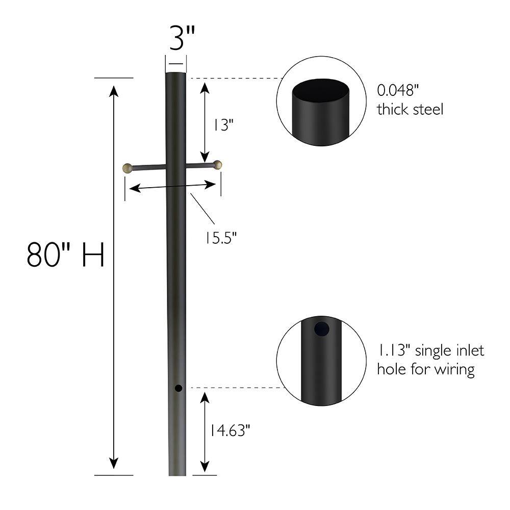 Black Steel Outdoor Lamp Post with Cross Arm, 80-Inch