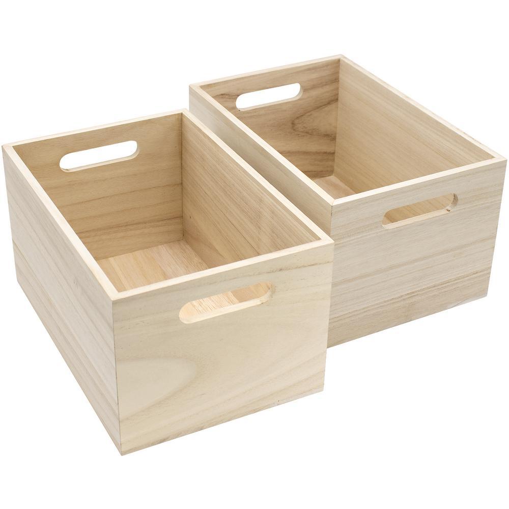 Unfinished Wood Crates, Brown 11.25 in. x 6 in. Wood Decorative Baskets (Set of 2), Wooden Bins for Pantry Organizing