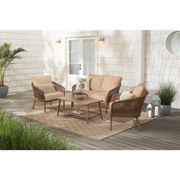 Hampton Bay Coral Vista 4-Piece Brown Wicker and Steel Patio Conversation Seating Set with Sunbrella Beige Tan Cushions
