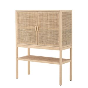 Woven Natural Rattan and Pine Wood Cabinet with 3-Shelves and 2-Doors