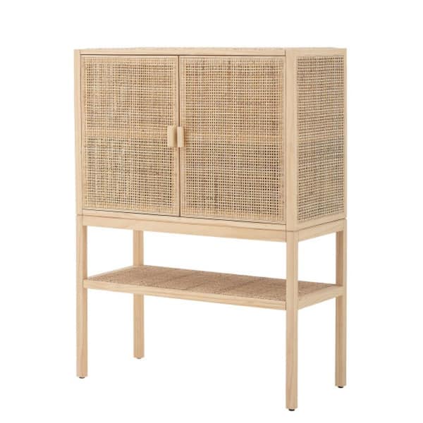 Storied Home Woven Natural Rattan and Pine Wood Cabinet with 3-Shelves and 2-Doors