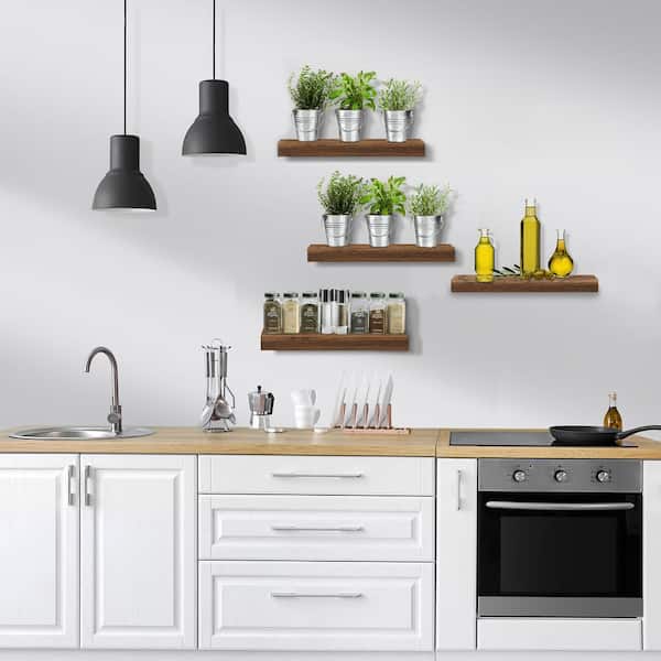 Floating Shelves, Wall Mounted for Home Decor, 16.25 in. W x 5.5 in. D Dark Brown Wood Decorative Wall Shelf (Set of 4)