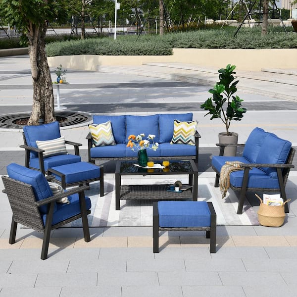 Toject Geneva Grey 7-Piece 7-Seat Wicker Metal Outdoor Patio Conversation Sofa Seating Set with Bright Blue Cushions