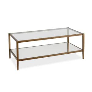 Hera 45 in. Brass Rectangle Glass Top Coffee Table with Shelf