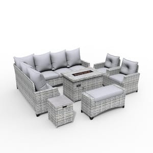 Aiden Gray 7-Piece Wicker Patio Fire Pit Conversation Sofa Set with Gray Cushions