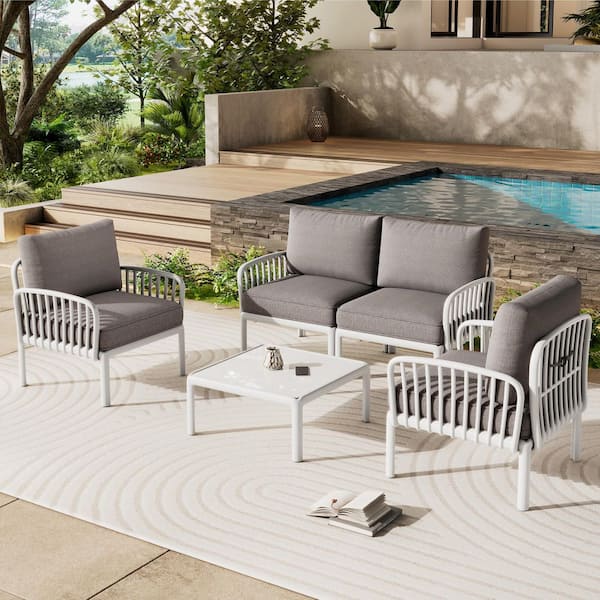 Unbranded 5-Piece Outdoor Conversation Sets with Light Gray Cushions and Coffee Table, Deep Seating for Porch, Balcony, White