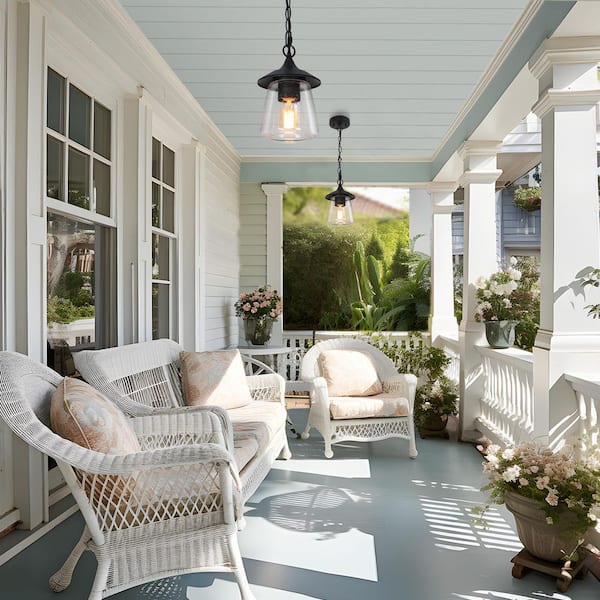 Modern Farmhouse Black Outdoor Pendant Light for Covered Porch Gazebo, 1-Light Hanging light with Seeded Glass Shade